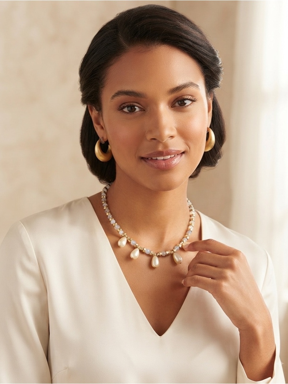 Plunder Gold Beaded Necklace with Pearl Teardrops & Gold Hoop Earrings